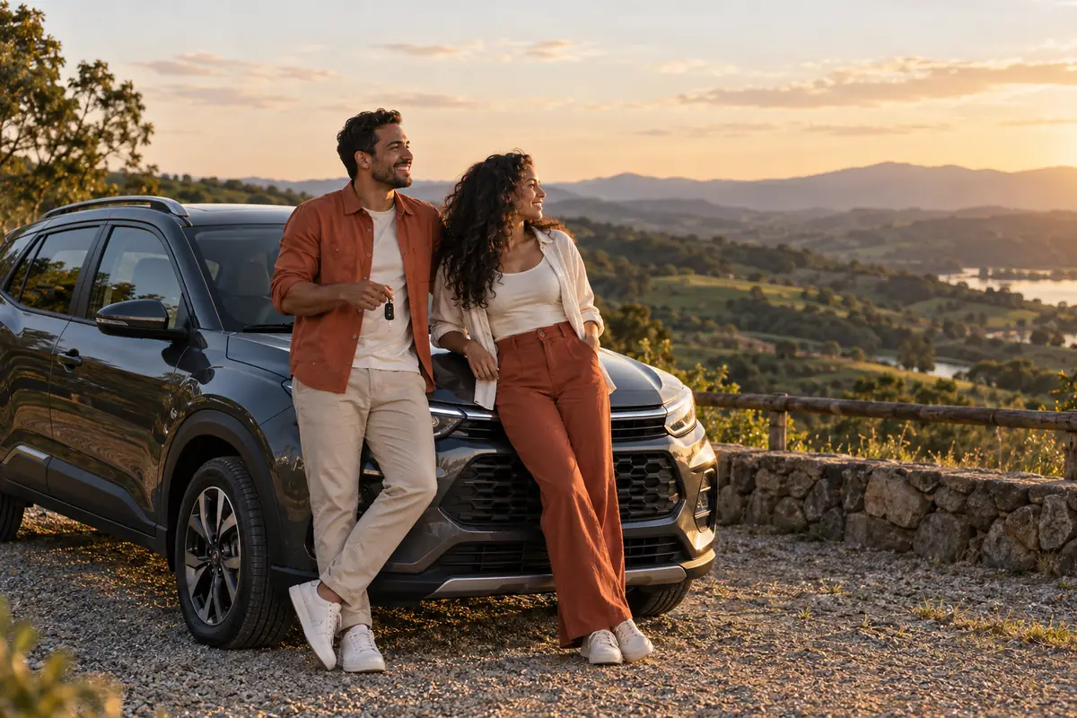 Casal ao lado de um veículo estacionado nas montanhas; imagem ilustrativa